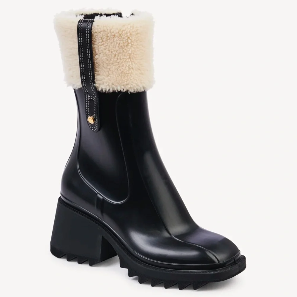 Chloé Black Rain Boot with Cream Shearling Cuff
